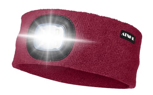 ATNKE LED Beleuchtetes Stirnband, Wiederaufladbare USB Lauf Stirnbänder mit Licht Extrem Heller 4 LED Lampe Winter Warme Stirnlampe für Herren und Damen Geschenke/Wine Red von ATNKE