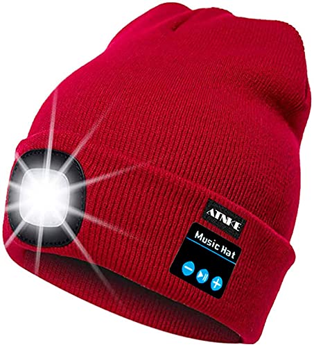 ATNKE LED beleuchtete Bluetooth-Beanie-Kappe, wiederaufladbare USB-Musikalische Laufmütze mit extrem hellem 4-LED-Licht wasserdichte Lampe für das Skifahren Wandern Camping Radfahren (Rot) von ATNKE