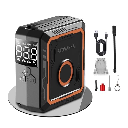 ATOVANKA Mini Elektrische Luftpumpe, 150PSI Fahrrad Akku Kompressor, 2400mAh Akku Fahrradpumpe, Wiederaufladbar, Digitaler LED-Bildschirm, Elektrische Fahrradpumpe für Fahrrad, Auto, Motorrad, Bälle ATOVANKA Mini Elektrische Luftpumpe, 150PSI Fahrrad Akku Kompressor, 2400mAh Akku Fahrradpumpe, Wiederaufladbar, Digitaler LED-Bildschirm, Elektrische Fahrradpumpe für Fahrrad, Auto, Motorrad, Bälle von ATOVANKA