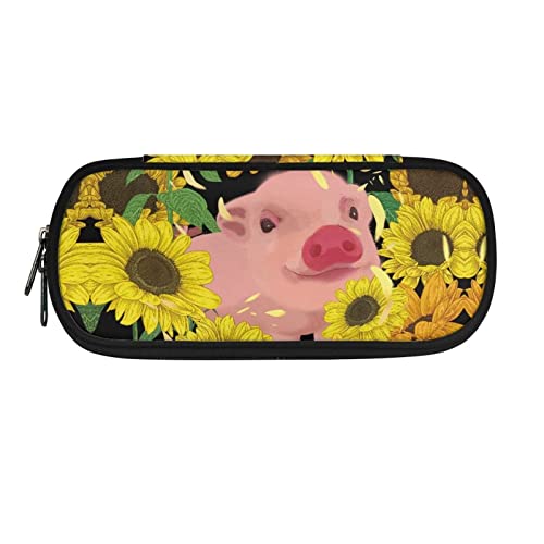 ATOurDealss Federmäppchen mit Sonnenblumen-Motiv Kuh für Kinder, Jungen, Mädchen, Stifthalter mit Reißverschlussfach, Sonnenblumen-Schwein, Einheitsgröße, Federmäppchen von ATOurDealss