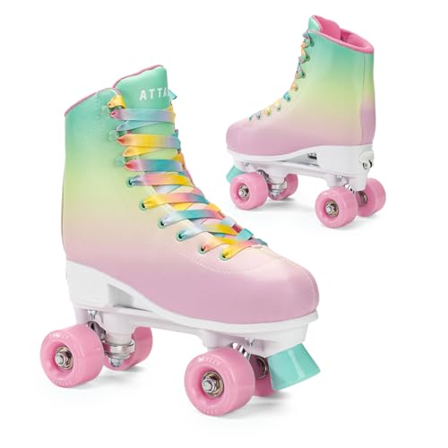 ATTABO Rollschuhe Mädchen AQUATICA Größe 39-42 EU Ökoleder Obermaterial Belüftung Buntes Räder 82A Roller Skates mit Fingerschutz und Sicheres Bremsen Rollerskates mit ABEC-5-Lager von ATTABO