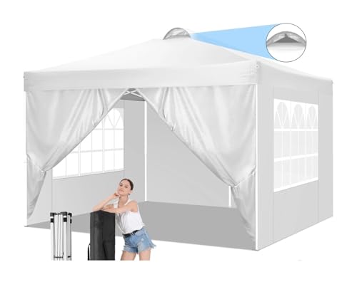 ATUMY Campingzelt 10 x 10 Fuß großes Pop-up-Überdachungszelt mit 4 Seitenwänden, wasserdichter Outdoor-Sonnenschutz mit Lüftungsschlitzen, sofort tragbarer biwakzelt(White) von ATUMY