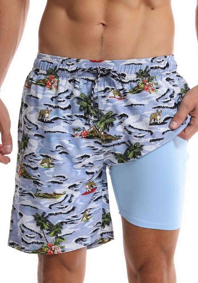 AUKUU Badeshorts Elastische Taillenbadehose Sommer Herren zweiteilige Doppelschicht Strandhose bedruckte Laufsport-Shorts Schnelltrocknend und von AUKUU