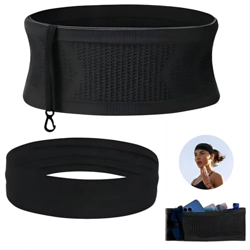 AUSYIWI Unisex Running Belt,laufgürtel*1+ Stirnband*1, Gute Elastizität und Atmungsaktivität, große Kapazität Sports Belt Bag, geeignet für Training/Wandern/Joggen/Fitness,(schwarz) von AUSYIWI