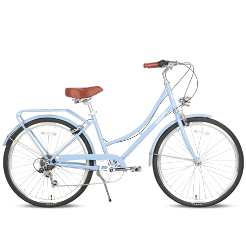 AVASTA Straßen-Hybrid-Fahrrad für Frauen, leichtes Step Throught 26-Zoll-Aluminium-Legierung Rahmen Stadt Pendler Komfort Fahrrad, 6-Gang-Antrieb, Farbe Blau mit schwarzen Reifen von AVASTA