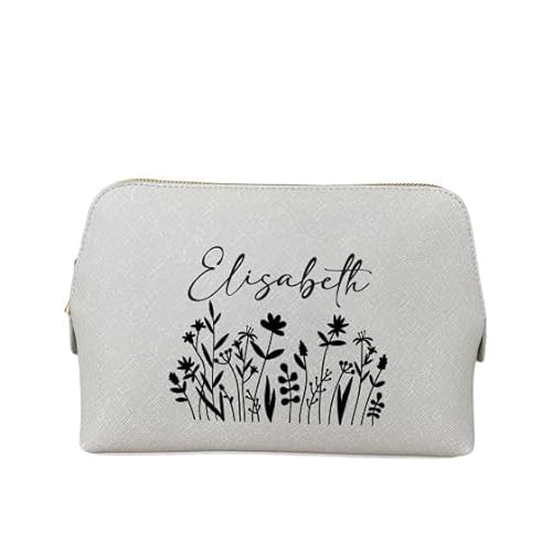 AWASG Kosmetiktasche Make-up Bag - Personalisiert mit Name - Schminktasche Floraler Print Blumen - Kulturtasche Mädchen Damen - L (25 x 16 x 10,3 cm) (grau) von AWASG