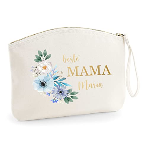 Schminktasche blaues Blumenmotiv 'Beste Mama' | Personalisierte Kosmetiktasche Reiseetui | Geschenk Muttertag Oma Beste Freundin L (28x22 cm) (beige) von AWASG