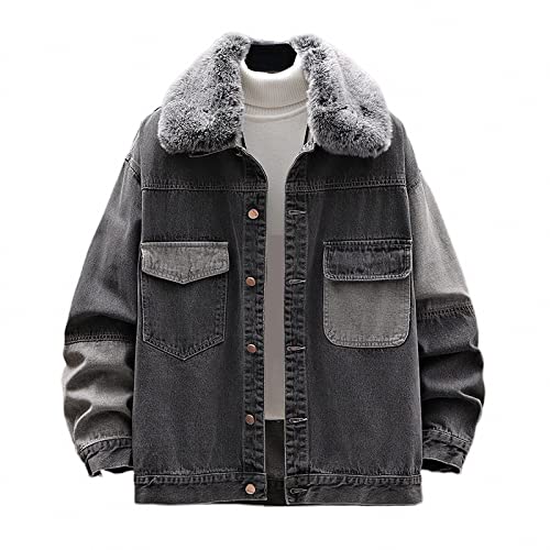 AXTMR M-8XL Plus Size Herren Jeansjacke Mantel, lässige lockere Jacke mit abnehmbarem großem Pelzkragen,Black1,6XL von AXTMR