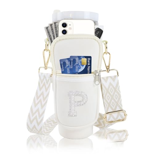 Initial A-Z Wasserflaschen-Tragetasche mit Gurt für Stanley Trinkbecher, personalisierbarer Wasserflaschenhalter mit Perlen-Buchstaben-Handyfach für Stanley-Cup-Zubehör, individuelles Geschenk für von AYAMAYA