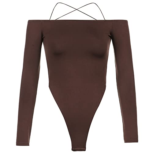 AYJMA Bodysuit Frauen Langarm Rückenfrei Spaghettiträger Solide Skinny Sexy Textur Body Tops Slash Neck Off Shoulder Kleidung,Braun,M von AYJMA