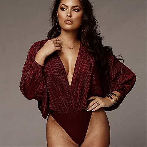AYJMA Fashionloose Plissee Tiefer V-Ausschnitt Eingewickelt Lange Fledermausärmel Bodysuit Für Frau Frühling Herbst Weibliche Dame Body Top Kleidung S Weinrot AYJMA Fashionloose Plissee Tiefer V-Ausschnitt Eingewickelt Lange Fledermausärmel Bodysuit Für Frau Frühling Herbst Weibliche Dame Body Top Kleidung S Weinrot von AYJMA