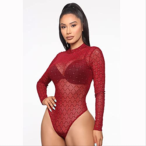 AYJMA Frauen Sexy Translucent Mesh Bodysuit Langarm Durchsichtig Mesh Einteilige Pailletten Kristall Strampler Tops M Rot von AYJMA