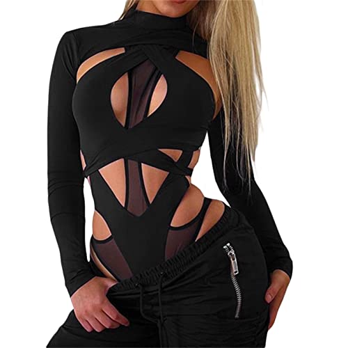 AYJMA Frauen Slim Hollow Out Jumpsuit Langarm Mock Neck Sheer Mesh Leotard Top Cut Out Bodysuit Für Rave Party Club,Schwarz,L von AYJMA