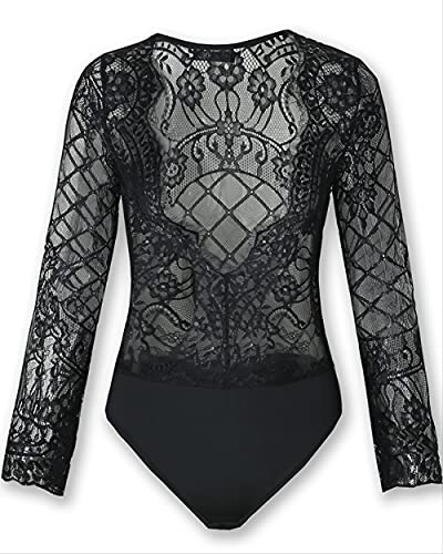 AYJMA Frauen Sommer Sheer Lace Langarm Bodysuit Weibliche Sexy Balck Lace Basic Bodysuit Dame Slim Fit Bodycon Playsuit L SCHWARZ von AYJMA