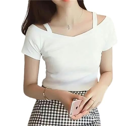 AYKZGIQST Shirt Kurzarm T-Shirt Frauen Schulter Von Mode T-Shirt Femme Slim V-Ausschnitt T-Shirt Womacn Kleidung-Weiss-XL von AYKZGIQS