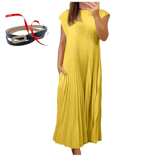 AYLHO Women Pleated Simple Solid Color Dress,Sleeveless Pleated Dress for Women,Summer Pleated Maxi Dress (3XL,Yellow) von AYLHO
