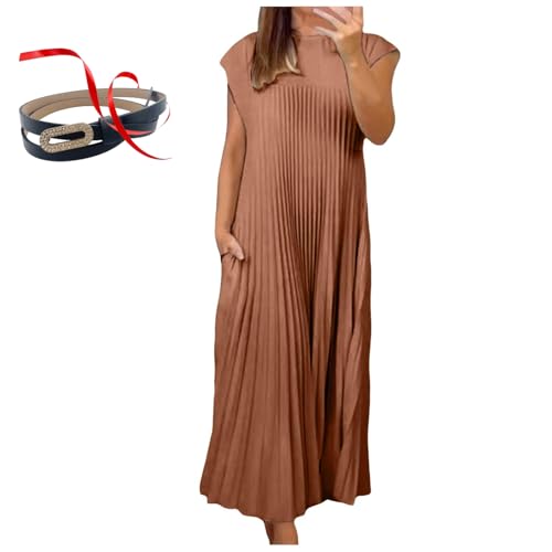AYLHO Women Pleated Simple Solid Color Dress,Sleeveless Pleated Dress for Women,Summer Pleated Maxi Dress (L,Brown) von AYLHO