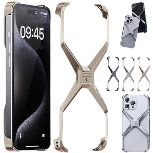 X Shape Anti-Fall Bare Phone Case,X Shaped Metal Frame for iPhone,Metal Corner Pad Anti-Fall Phone Case,Premium Aluminum Alloy Cover for iPhone 15/14/13 Pro Max (Gold,15promax) von AYLHO