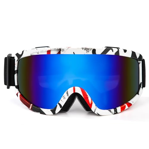 AYMQC Skibrille Motocross Brille UV Schutzbrille Snowboardbrille mit Schaumstoffpolsterung für Outdoor Aktivitäten Damen Herren Blau mit Weißem Rahmen von AYMQC