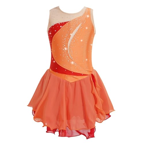 AYWTIUN Mädchen Turnanzug Ballett-Gymnastik-Trikotkleid, ärmellos, Strass, lyrisches Tanzkostüm, Tanzbekleidung for Mädchen, Eiskunstlaufkleid(Orange,8) von AYWTIUN