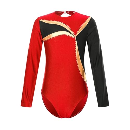 AYWTIUN Mädchen Turnanzug Ballett-Tanz-Overall for Mädchen, Eiskunstlauf, langärmelig, Body for rhythmische Sportgymnastik(Red,14Y) von AYWTIUN