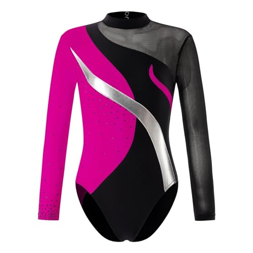 AYWTIUN Mädchen Turnanzug Balletttrikot, Tanztrikot, Mädchen, Kunstturnen, Eiskunstlauf, Ganzkörperanzug, Strasssteine, Jumpsuit mit Hohlkreuz(Pink,8) von AYWTIUN