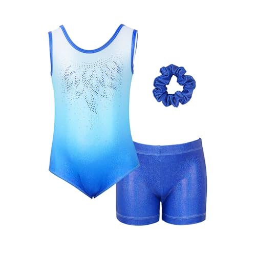 AYWTIUN Mädchen Turnanzug Dreiteiliges Set for Mädchen, ärmellos, Gymnastikanzug mit Shorts und Haargummis, Tanzbekleidung, Turnanzug(Blue,150) von AYWTIUN