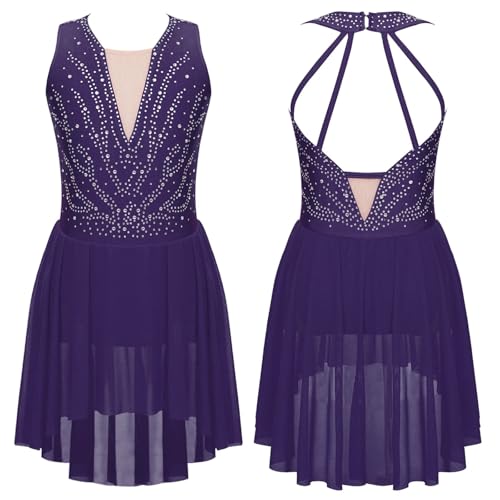 AYWTIUN Mädchen Turnanzug Glänzende Kristalle Rhythmische Gymnastik Ballett Tanz Trikot Mädchen Eiskunstlauf Outfits Bühnenkostüm(Purple,10) von AYWTIUN