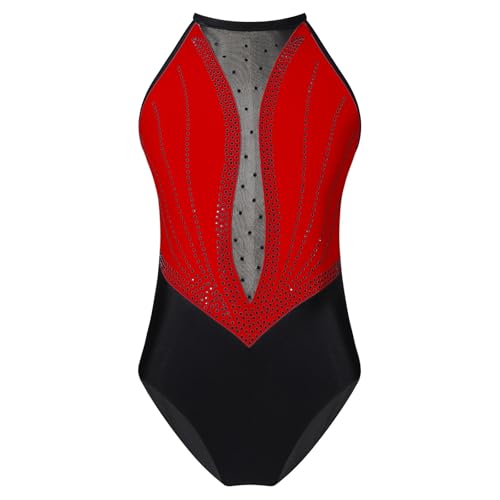 AYWTIUN Mädchen Turnanzug Gymnastikanzug for Mädchen, Ballett-Tanz-Trikots, ärmellos, glänzender Strass-Overall, Eislaufen-Bodysuit(Red,14) von AYWTIUN