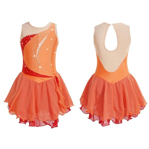 AYWTIUN Mädchen Turnanzug Mädchen Eiskunstlaufkleid mit Rüschen, Tanzkleid, Gymnastikballett, Trikotkleid, ärmellos, runder Kragen, glänzende Strasskleider(Orange,16) von AYWTIUN