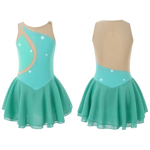 AYWTIUN Mädchen Turnanzug Mädchen Eiskunstlaufkleid mit glänzendem Strasssteinen, Ballett-Jersey-Body, lyrischer Tanz, Kostüm, Rhythmusgymnastik, Enger Overall(Green,12) von AYWTIUN