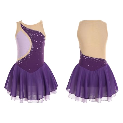 AYWTIUN Mädchen Turnanzug Mädchen Eiskunstlaufkleid mit glänzendem Strasssteinen, Ballett-Jersey-Body, lyrischer Tanz, Kostüm, Rhythmusgymnastik, Enger Overall(Purple,14) von AYWTIUN