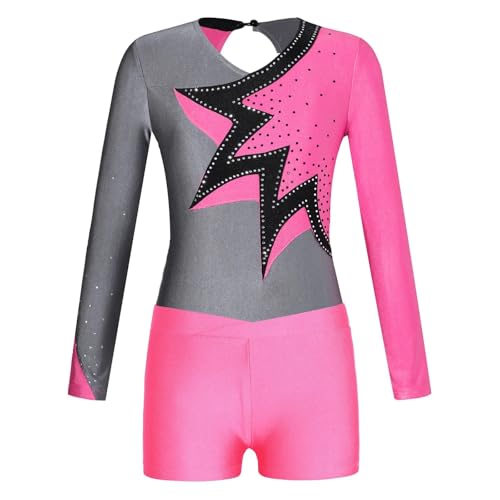 AYWTIUN Mädchen Turnanzug Mädchen Langarm Glänzend Patchwork Gymnastikanzug mit Shorts Skating Bodysuit Tanzbekleidung Sets for Tanzwettbewerb(Pink,14) von AYWTIUN