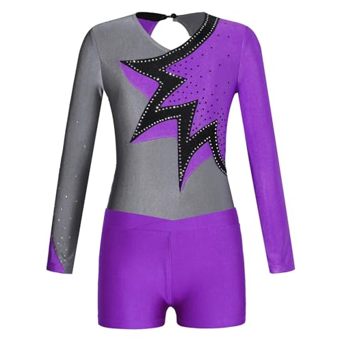 AYWTIUN Mädchen Turnanzug Mädchen Langarm Glänzend Patchwork Gymnastikanzug mit Shorts Skating Bodysuit Tanzbekleidung Sets for Tanzwettbewerb(Purple,14) von AYWTIUN