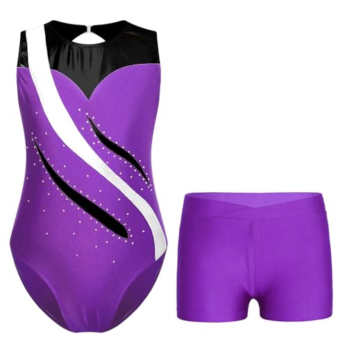 AYWTIUN Mädchen Turnanzug Mädchen Rhythmische Gymnastik Trikot Performance Outfit Metallic Patchwork Trikot Ärmellos Skating Body mit Shorts(Purple,4) von AYWTIUN