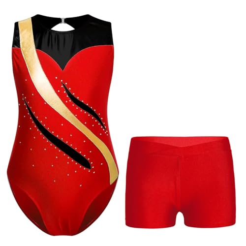 AYWTIUN Mädchen Turnanzug Mädchen Rhythmische Gymnastik Trikot Performance Outfit Metallic Patchwork Trikot Ärmellos Skating Body mit Shorts(Red,6) von AYWTIUN