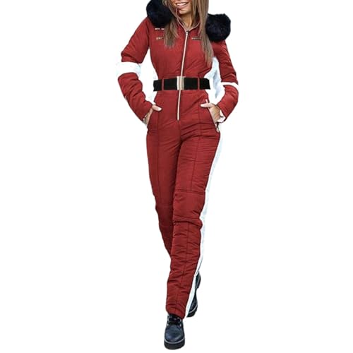 AYWTIUN Skianzug Damen Damen Winter-Skianzug mit Kapuze, Outdoor-Sport, Snowboard-Overalls, Skianzug, wasserdichter Outdoor-Reißverschluss-Skianzug mit abnehmbarem Kragen(Red,L) von AYWTIUN