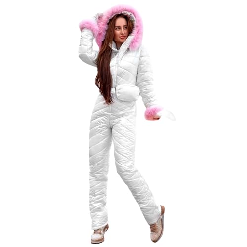 AYWTIUN Skianzug Damen Frauen Winter Warme Jacken Große Pelz Kragen Mit Kapuze Dicke Overalls Baumwolle Gepolsterte Weibliche Ski Anzug Zipper Einteilige Overall(White,M) von AYWTIUN