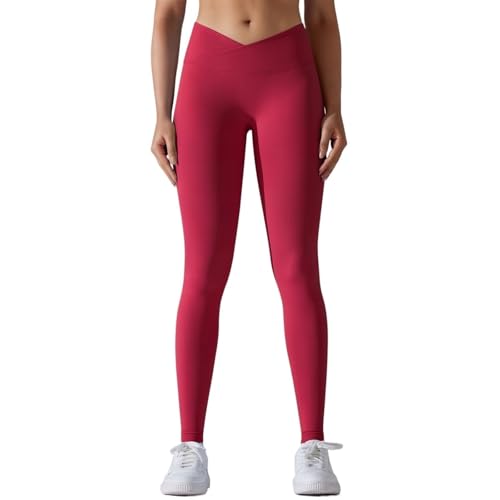 AYWTIUN Yoga leggings Damen Damen Yoga-Leggings mit Crossover-Taille und Hüfte, Gym-Leggings, Nahtlose Sporthose, hohe Taille, Fitness-Leggings, Workout, Laufen(Red,XL) von AYWTIUN