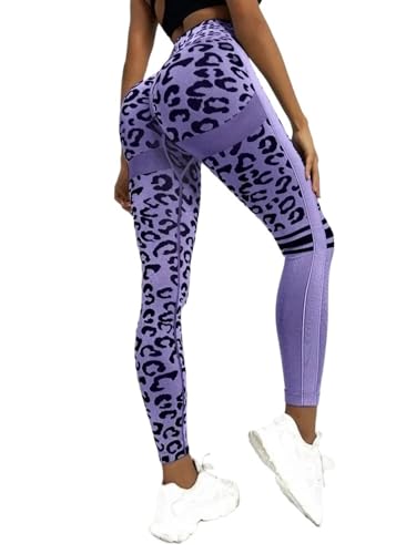 AYWTIUN Yoga leggings Damen Damen-Yogahose mit Leopardenmuster, nahtlos, hohe Taille, Hüftlifting, Pfirsich-Hüfte, Fitnesshose, Yogaanzug, Enge Laufsporthose(Purple,S) von AYWTIUN