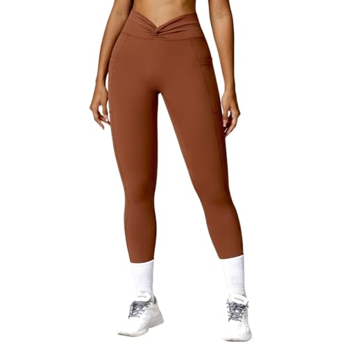 AYWTIUN Yoga leggings Damen Yogahosen for Damen, gekreuzte Taille, hohe Taille, Hüftheben, Lauftrainings-Leggings, Naked Feeling, Gym-Leggings for Damen, Sport-Strumpfhose(Caramel Brown,XL) von AYWTIUN