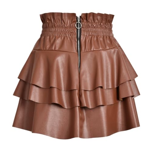 AYXAMO Lederrock，Lederrock Damen Schwarz PU Leder Mini Röcke USO apto para Frau Kleidung Herbst Streetwear Mädchen Schwarz Plissee Rock USO apto para Weibliche Sexy Hohe Taille Bodycon(Brown,S) von AYXAMO