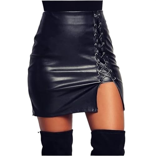 AYXAMO Lederrock，Lederrock Damen Schwarz Schwarz Lace Up PU Leder Röcke Herbst Frühling Frauen Side Split Bleistift Röcke Vintage Hohe Taille Mini Rock(XXL) von AYXAMO