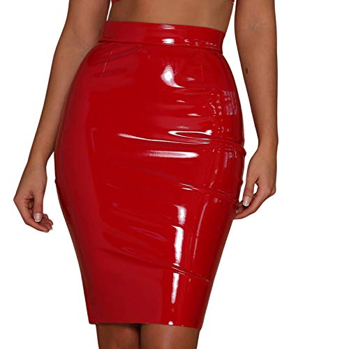 AYXAMO Lederrock Damen Schwarz，Lederrock Kurz Frauen Trendy Leder Rock Hohe Taille Massivfarbe Dehnbarer Bleistift Rock Damen Mode Party(Red,XL) von AYXAMO