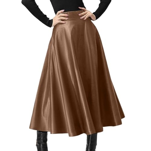 Lederrock，Lederrock Damen Schwarz Mode Frauen Lange Röcke Frühling PU Leder Elegante Hohe Taille A-line Midi Rock Casual Lose Schaukel(Brown,L) von AYXAMO