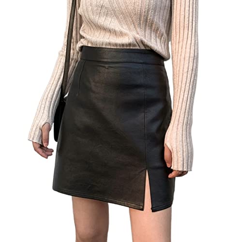 Lederrock Damen Schwarz，Lederrock Kurz Slit Lederrock Weibliche Herbst Winter A- LINE Rock Büro Dame Hülle Rock Hohe Taille Schlanker Rock(M) von AYXAMO