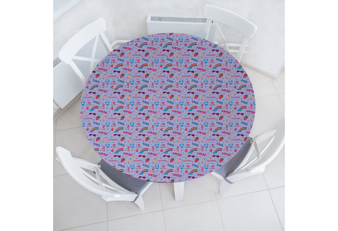 Abakuhaus Tischdecke Rundum-elastische Stofftischdecke, Pop-Art Regenbogen Erdbeere Sonnenbrille Abakuhaus Tischdecke Rundum-elastische Stofftischdecke, Pop-Art Regenbogen Erdbeere Sonnenbrille von Abakuhaus