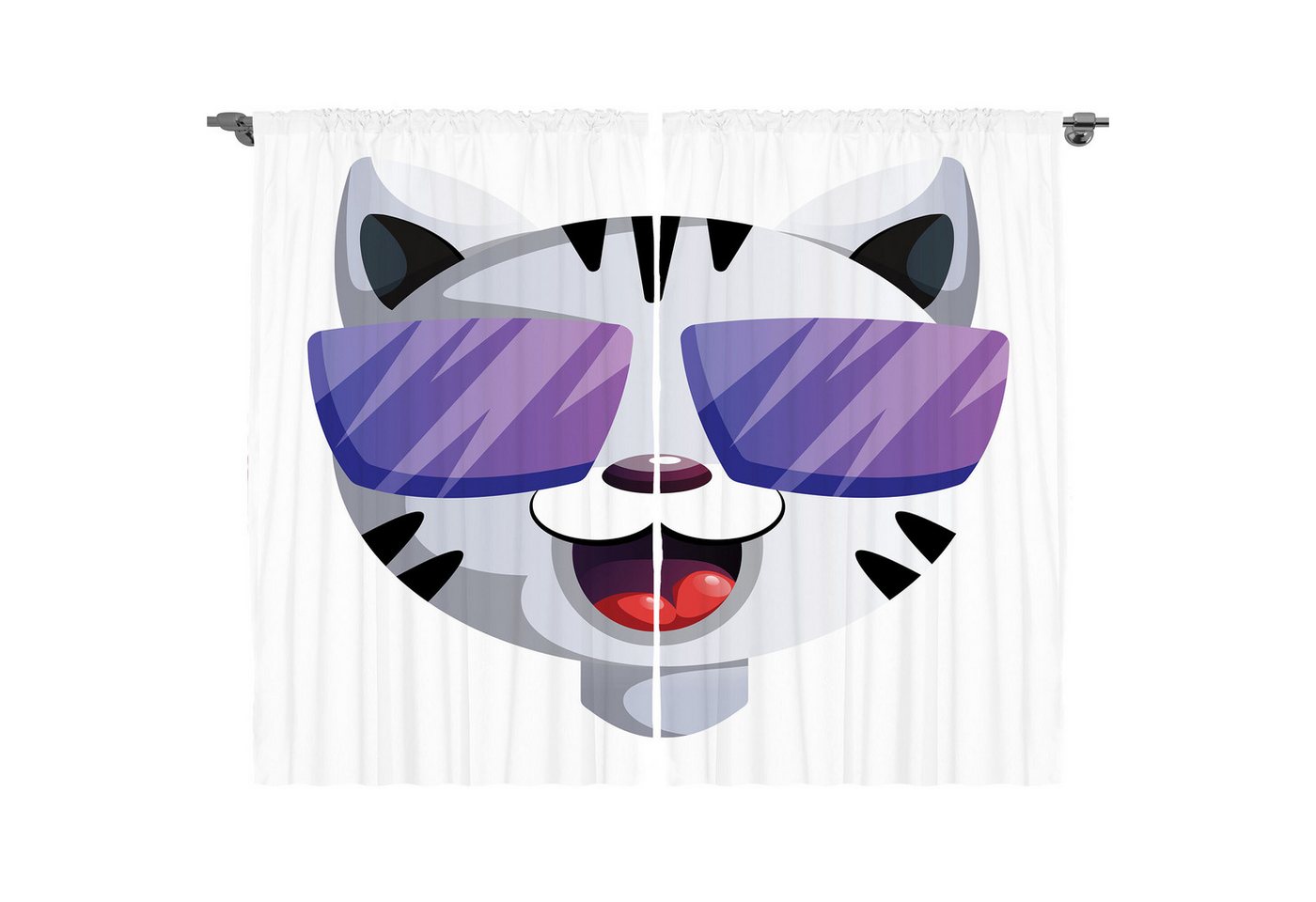 Abakuhaus Gardine Schlafzimmer Kräuselband Vorhang mit Schlaufen und Haken, Sonnenbrille Cartoon Kitten Portrait Abakuhaus Gardine Schlafzimmer Kräuselband Vorhang mit Schlaufen und Haken, Sonnenbrille Cartoon Kitten Portrait von Abakuhaus