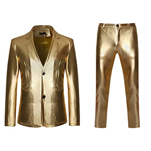 Abigprofit Herren Shiny Gold Metallic Glitzer Anzug Nachtclub Slim Fit Einreiher Anzüge Mit Hose Gold L von Abigprofit