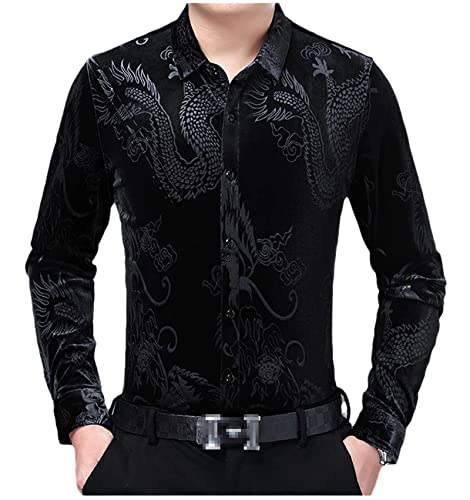 Gelbe chinesische Drache Jacquard Samt Shirt Männer Slim Fit Langarm Velours Kleid Hemden Black XXL von Abigprofit